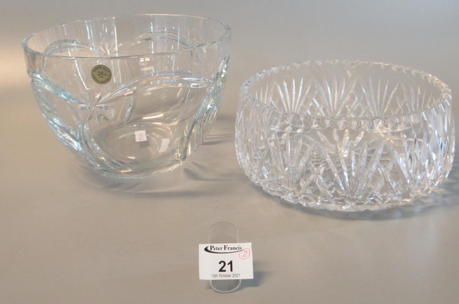 Czech Republic hand cut crystal bowl, together with another star cut bowl with star cut to the base.