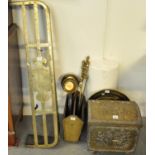 Collection of brassware to include; Victorian fire fender, graduated pans or ladles with metal