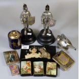 Collection of table lighters, two in the form of knights in armour, and Colibri lighter. Together