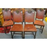 Set of four early 20th century barley twist dining chairs with leather upholstery and brass stud
