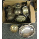 Box of assorted silver plate to include; basket, pedestal dish, coffee pots, sucrier, teapot etc. (