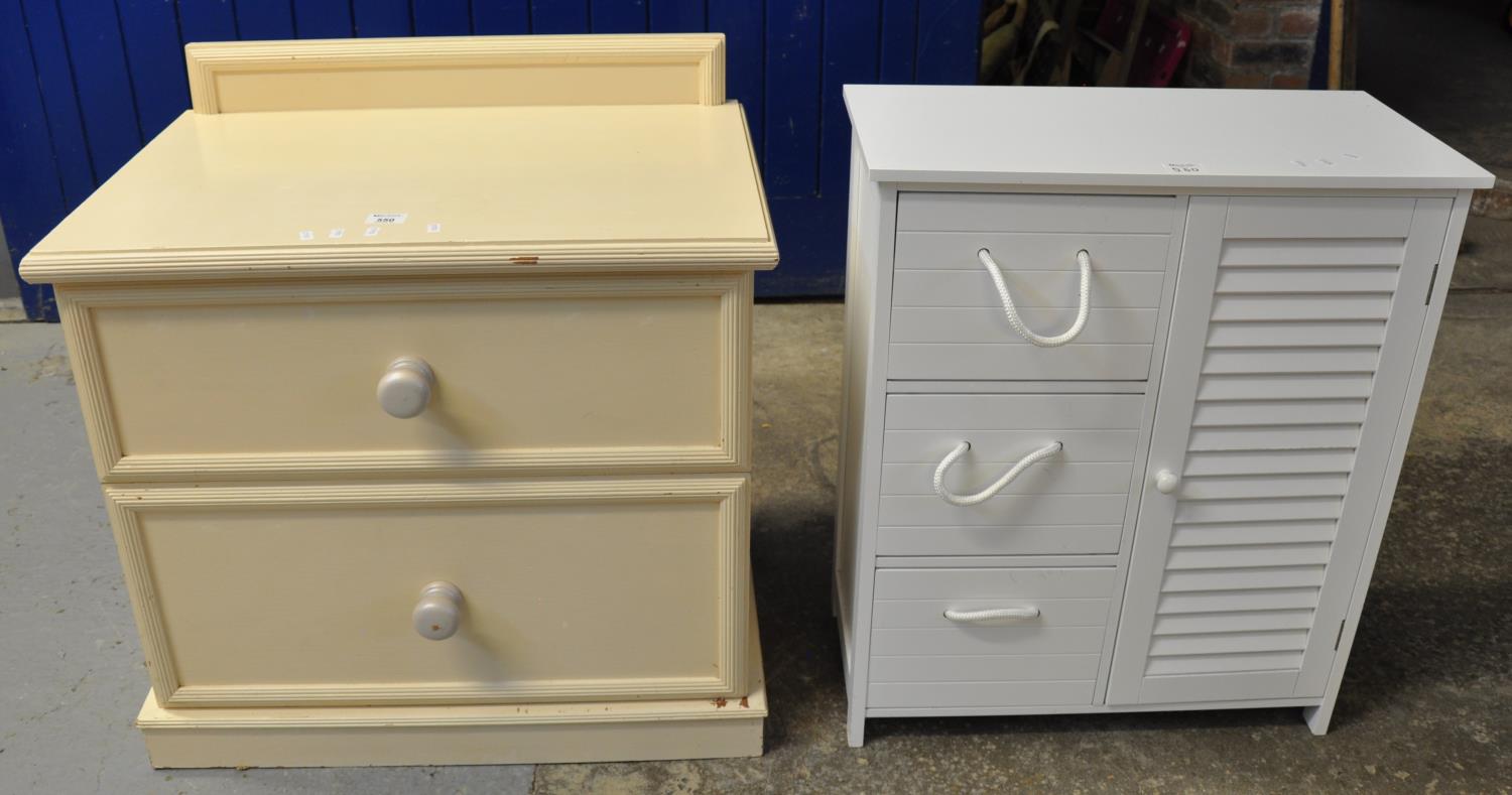 Painted finish modern free standing bathroom cabinet, together with a painted two drawer straight