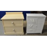 Painted finish modern free standing bathroom cabinet, together with a painted two drawer straight