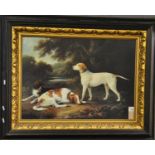 Modern furnishing print in 18th Century style, hunting dogs in a landscape, 46 x 62cm approx.