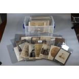Plastic box containing assorted unframed black and white etchings including local interest,
