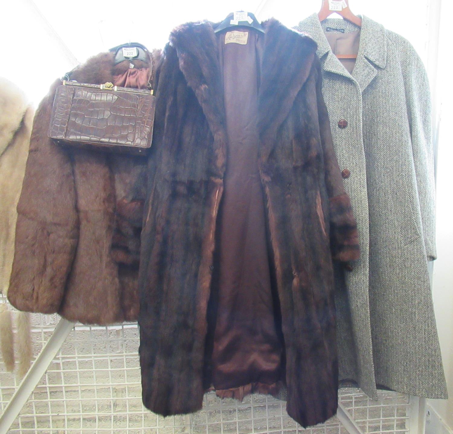Small collection of vintage clothing and accessories to include; a 3/4 length fur coat with