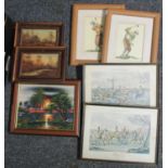 Box of assorted furnishing paintings and prints to include; two hunting prints drawn and engraved by