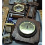 Tray of assorted items to include; a wooden wall barometer with thermometer, a vintage Smiths mantel