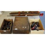 Collection of items to include; vintage vice clamps, casters, drill bits in wooden box, gun