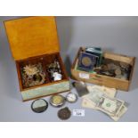 Jewellery box containing assorted costume jewellery, gold finish and other brooches, pocket watch