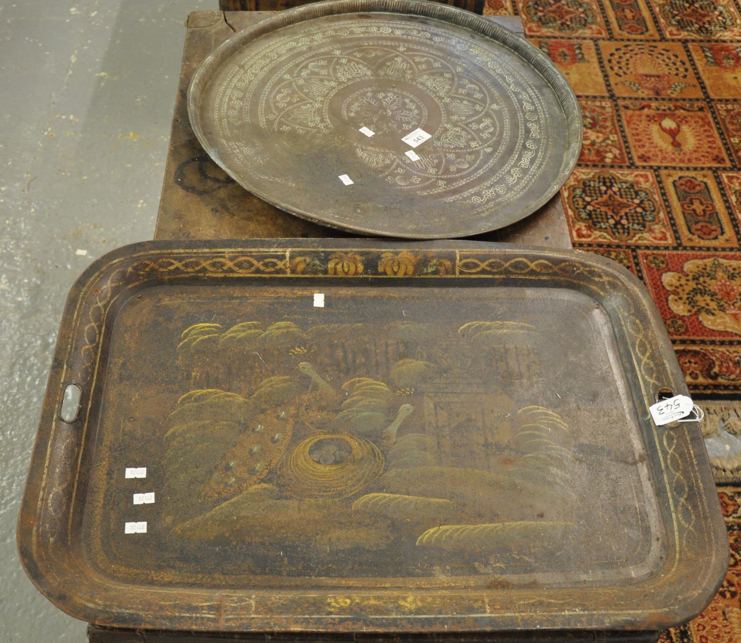 Hand painted distressed two handled tin tray decorated with peacocks, together with a Middle Eastern