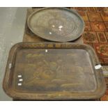 Hand painted distressed two handled tin tray decorated with peacocks, together with a Middle Eastern