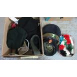 Box of assorted military caps, berets, plumes, webbing belts etc. (B.P. 21% + VAT)