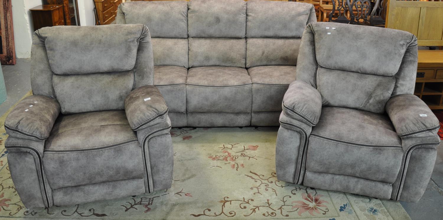 Good quality modern grey suede finish three-piece suite comprising three-seater sofa and a pair of