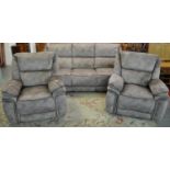 Good quality modern grey suede finish three-piece suite comprising three-seater sofa and a pair of