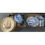 Two boxes of mostly blue and white china to include; two Medina design plates, Collandine design