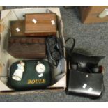 Box of assorted items to include; cased set of Hanimex 8 x 40 binoculars, cased set of Sport glass 4