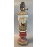 Victorian gilt metal and opaline glass lamp base decorated with hand painted bird amongst reeds. (