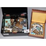 Two boxes of assorted jewellery, coinage and other items to include brooches, necklaces, beads,