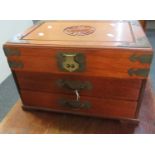 Modern Chinese hardwood metal mounted table top jewellery box with pull out drawers, revealing