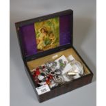 Wooden box comprising assorted costume jewellery, brooches, etc. (B.P. 21% + VAT)