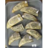 Tray of modern resin scrimshaw design items with illustrations of ships and figures to include; '