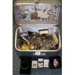 Jewellery box comprising assorted vintage jewellery and watch, dress rings, bracelets, ladies vanity