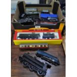 Box containing Hornby 00 and 0 gauge locomotives, wagons etc, together with a Hornby 00 gauge