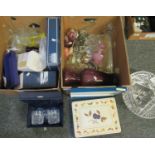 Three boxes of assorted items to include; coloured glass vases, large cut glass centre bowls and