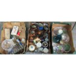 Three boxes of assorted items to include; copper lustre dresser jugs, glass paperweights, glass