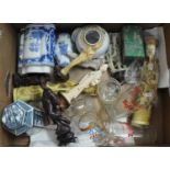 Box of assorted oriental and other items to include; ginger jar and cover, boxes and covers, tea