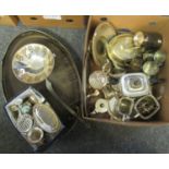 Box of mostly metalware to include; a large oval serving tray, coffee pots, teapot, sucrier, Imari