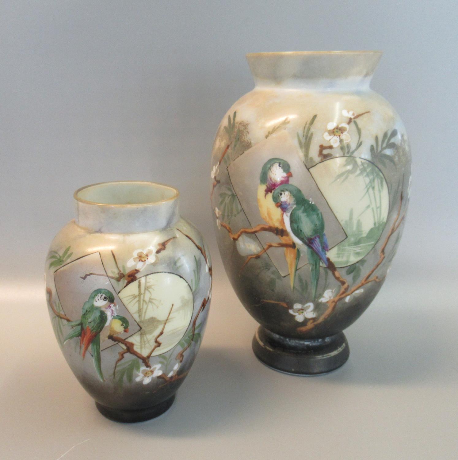 Victorian opaline glass baluster vase decorated with parrots amongst foliage, together with a