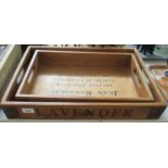 Two wooden trays with metal hinged corners; one marked 'Jean Rousseau Truffle Exporter Marche de