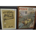 Two motoring related prints, 'The Saturday Evening Post September 17 1955' and 'Looking at it all