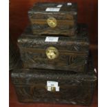 Set of three graduated carved oriental design wooden boxes. (3) (B.P. 21% + VAT)
