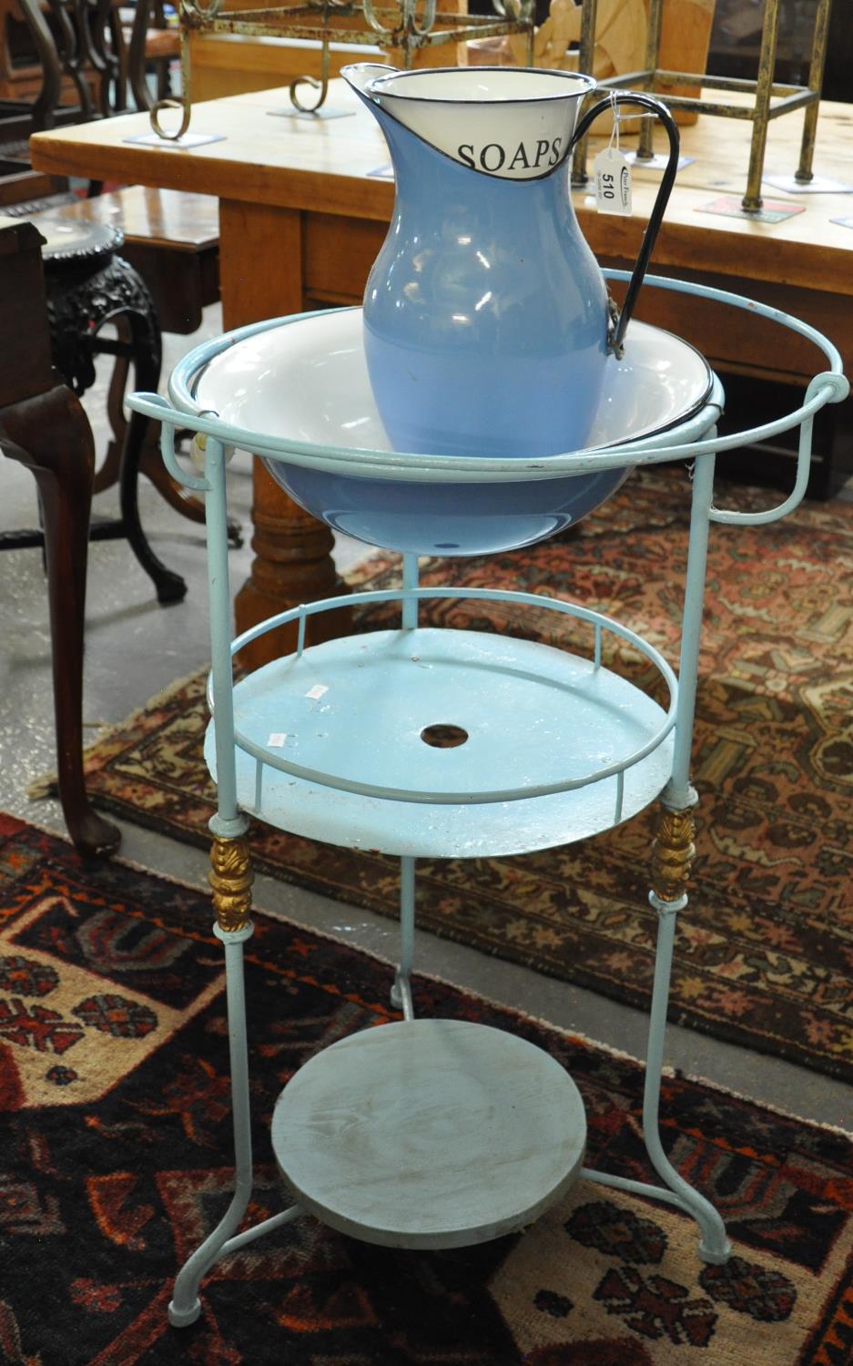 Painted metal three-tier wash stand with enamelled jug, soap dish and basin. (B.P. 21% + VAT)