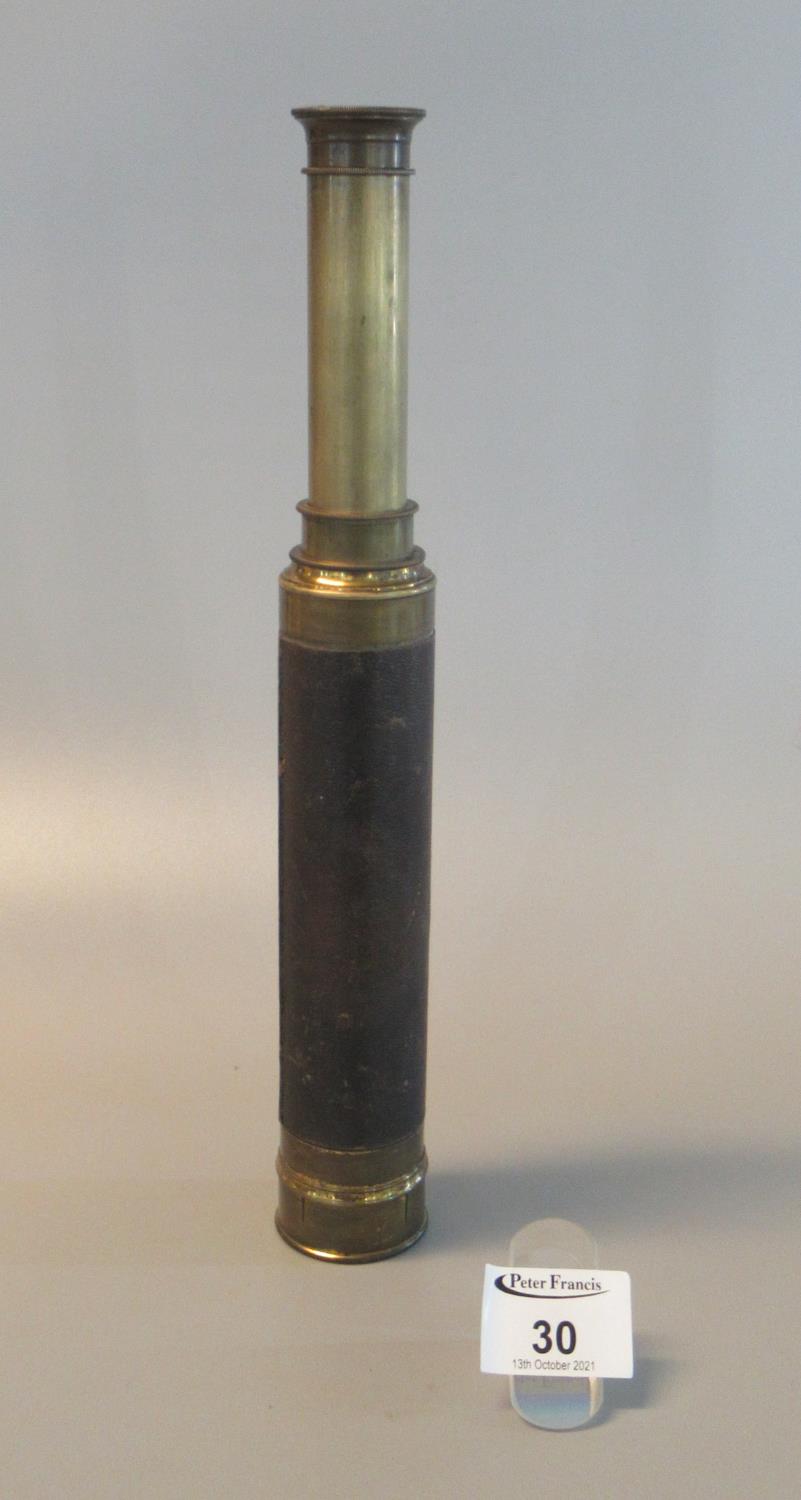 Early 20th Century brass two draw telescope with leather covering. 22.5cm long minimum. (B.P.