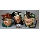 Three Royal Doulton bone china character jugs; 'Long John Silver' D6335, 'Uncle Tom Cobbeligh' D6337