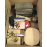 Box of oddments to include costume jewellery, brooches, silver plated Chinese box, etc. (B.P.