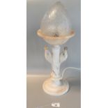 Alabaster novelty table lamp in the form of two stylised birds with frosted glass shade on a