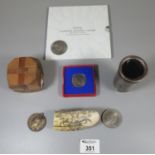 Box of oddments to include resin scrimshaw, French telescope, various coins to include Churchill