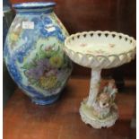 Portuguese hand painted floral vase of baluster form, together with a German porcelain figural and