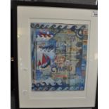 K.J.W, 'Cymru', limited edition annotated coloured print being a map of Wales, signed with