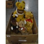 Box of teddy bears to include; Merrythought growling mustard coloured bear, Dean's Walter Golden