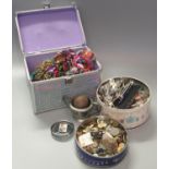 Collection of costume jewellery, together with a tin of assorted silver plated souvenir spoons,