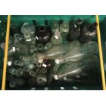 Box of assorted glass bottles to include; Tovali soda bottles, coloured glass bottles, cod neck