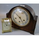 Mid century oak cased three train art mantel clock with presentation plaque, together with a