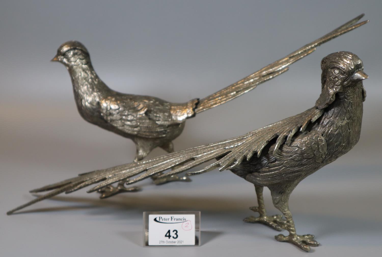 Pair of plated table centre metal pheasants, cock and hen. (2) (B.P. 21% + VAT)