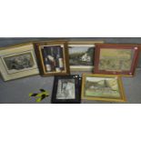 Large collection of furnishing prints, topographical, photographs, cricket, watercolour of a hill